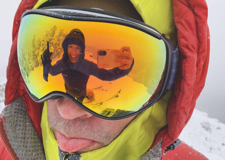 a photo of my reflection in the snow goggles mike is wearing