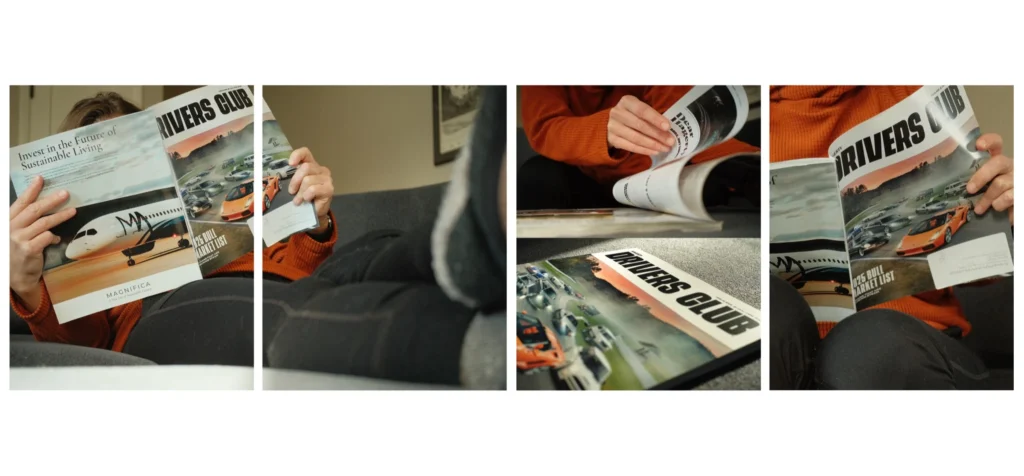 A series of editorial-style images of a woman reading Drivers Club magazine